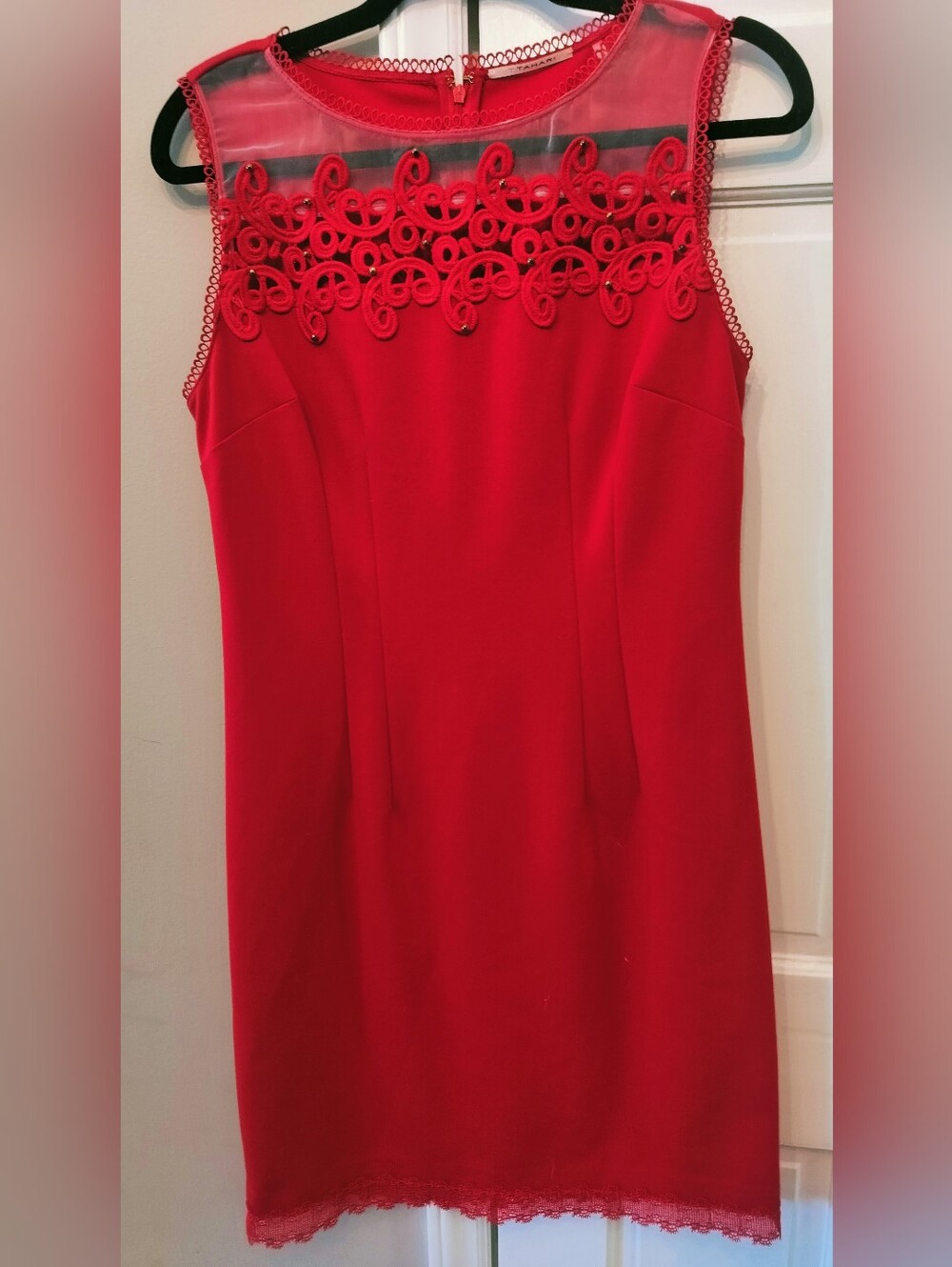 Red Sleeveless Sheath Dress with Embroidered Yoke